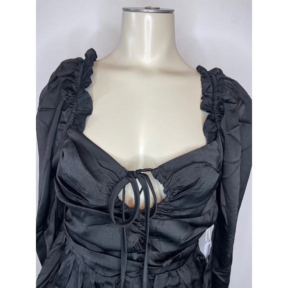 Six/Fifty Women's Size Small Satin Keyhole Blouse Black Ruched Peplum Top - Picture 5 of 11